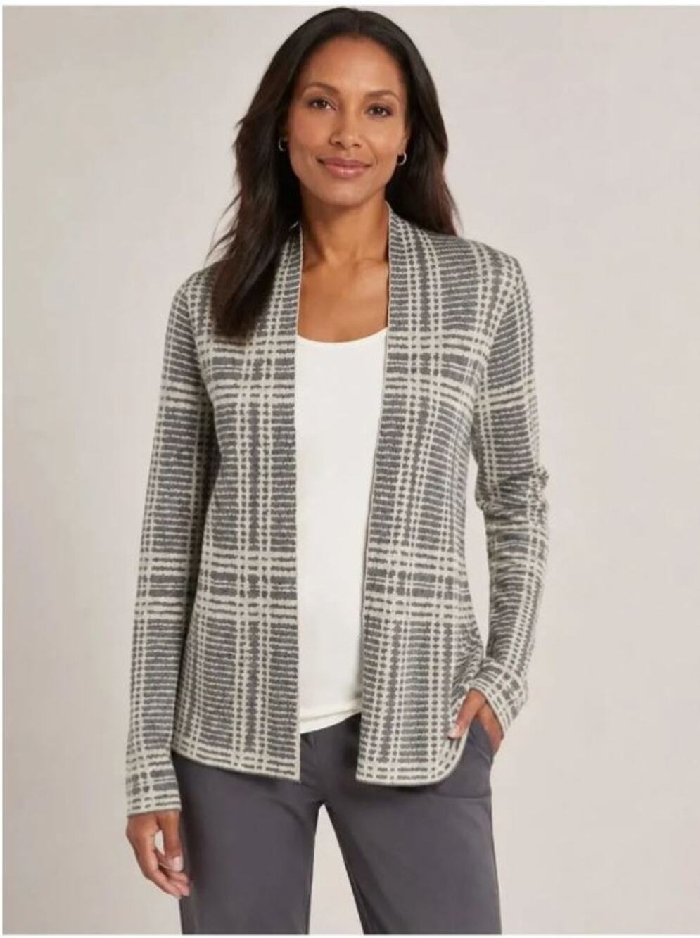Eileen Fisher Sleek Tencel Merino Knit Wool Blend Cardigan Open Front Plaid L